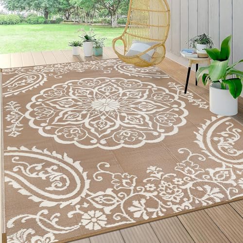 Pauwer Waterproof Outdoor Rug 6x9, Reversible Plastic Straw Patio Camping Rug, Indoor Outdoor RV Mat Carpet for Deck, Camper, Porch, Balcony, Backyard, Picnic, Boho Brown - color: Boho Brown, size: 6' x 9' (Rectangular)