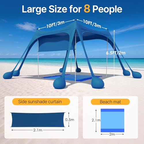 HOPERAN Beach Tent Sun Shelter, UPF50+ UV Protection, 10x10FT Pop Up Shade Beach Canopy Windproof for Outdoor Camping, Fishing, Picnics with 8 Sandbags, 1 Beach Mat, 1 Sideshade, 4 Stability Poles - color: 10x10 FT Navy Blue