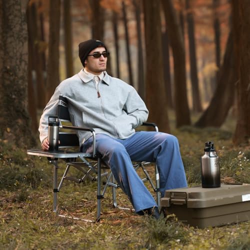 MOON LENCE Directors Camping Chair, Heavy Duty,Oversized Portable Folding Chair with Side Table for Beach, Fishing,Picnic,Lawn,Outdoor Event - color: Black Grey