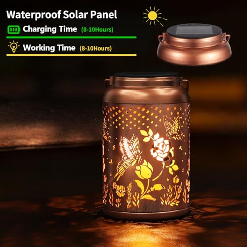 Rose Butterfly Decoration Solar Lanterns Outdoor Waterproof Garden Decor Gifts for Women Mon Grandma Metal Hanging Solar Lights for Outside LED Lanterns for Yard, Patio - style: Butterfly