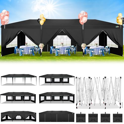 COBIZI 10x30 Canopy Party Tent with 8 Walls 10x30 Pop Up Canopy for Parties Waterproof UPF 50+ Outdoor Commercial Event Tent for Party Backyard Gazebo Canopy with Sidewalls & Sandbags(Black,10x30ft - color: Black, size: 10x30FT with 8 sidewalls