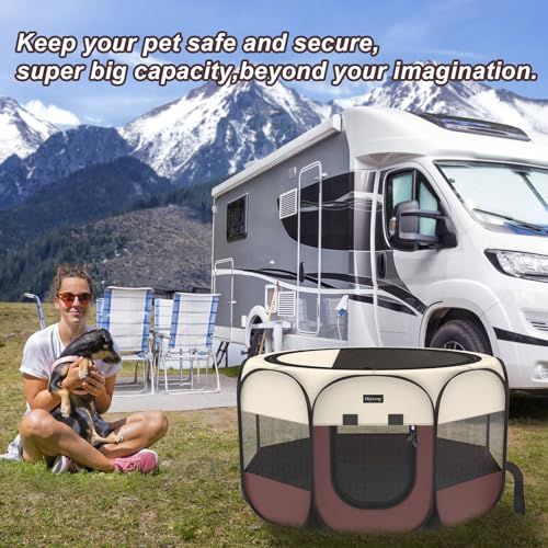 Portable Pet Puppy Dog Cat Playpen, 8-Panel Indoor/Outdoor Puppy Pen with Shade Cover & Travel Bag - Waterproof Dog Cat Tent - color: Brown, style: Large(45"x45"x24" with free bonus)