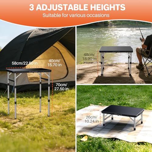 FUNYKICH Camping Table with Waterproof Plastic Tabletop 22.8''x15.7'', 3 Height Adjustable Small Folding Table, Lightweight Portable Picnic Table with Carry Handle for Picnic Beach Travel,Black Silver - color: Black Silver