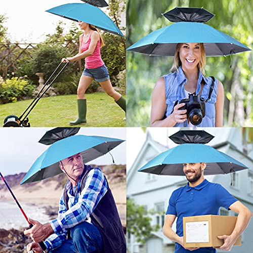 Umbrella Hat, 37 inch Fishing Umbrella Hat Hands Free Foldable UV Protection Umbrella Cap Adjustable Headwear for Fishing Golf Camping Beach Gardening Sunshade Outdoor - color: Sky Blue/Double Layer