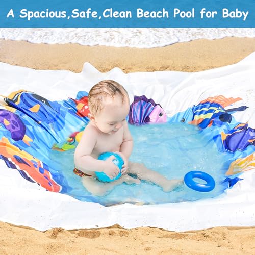 6.5 X 6.5 Ft Baby Beach Pool, 2 in 1 Portable Kids Beach Play Pool Puddle Toddler Beach Blanket and Kiddie Pools Blue Cartoon Childs Sand Pit Paddling Pools with Water Bag for Boy Girl Outdoor Camping - size: Square 2m x 2m/6.5ft x 6.5ft