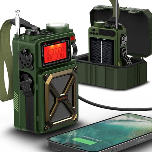 FosPower Emergency Weather Radio (Model D9) 14800mWh Power Bank, NOAA/AM/FM/Shortwave, Bluetooth 5.4, USB/Solar/Hand Crank Charging, Flash Light, SOS Alarm, IPX3 Rating for Indoor/Outdoor Emergencies - color: 10 - Model D9 - Dark Green