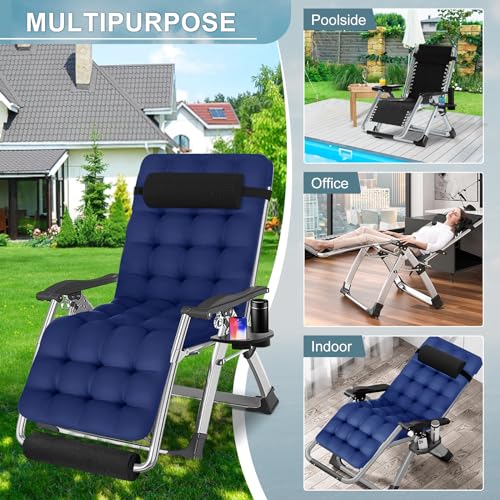 ABORON Oversized Zero Gravity Chair,29In XL Premium Outdoor Lawn Folding Lounge Chairs,Sturdy Adjustable Reclining Patio Chairs with Removable Cushion,Headrest & Tray - color: Upgrade Sea Blue