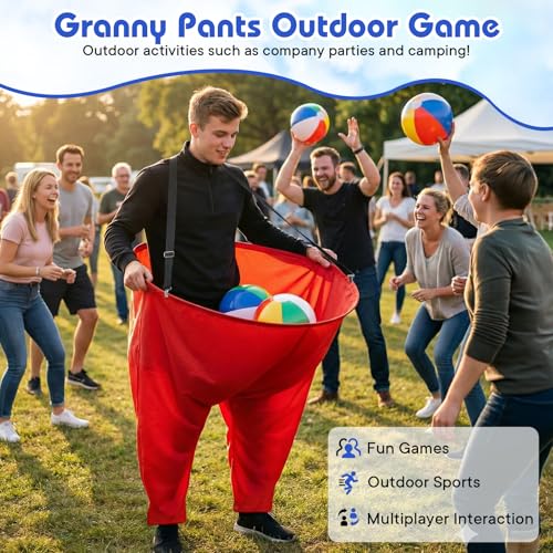 2 Pcs Granny Pants Yard Game with Suspenders, 16 Bouncy Balls & 2 Pumps - Hilarious Outdoor Party Game for Adults, Kids, Family Reunions & Field Days