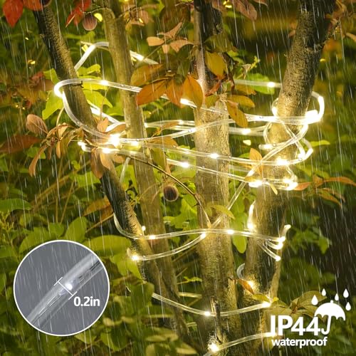 YEGUO Solar Rope Lights Outdoor Waterproof, 66ft 200 LED Warm White String Lights, 8 Modes Fairy Lights in Clear Thin Tube - color: Warm White