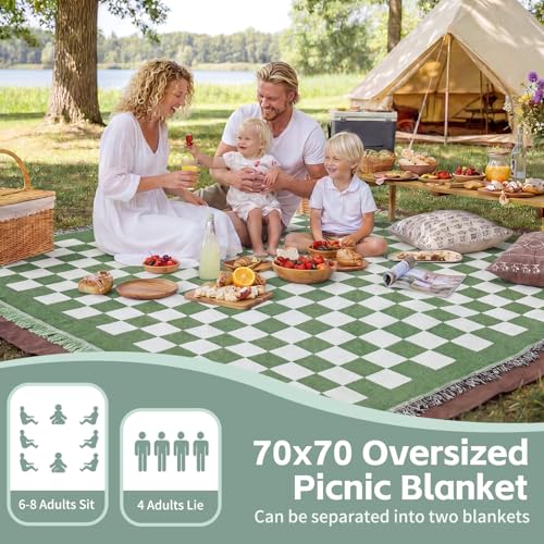 2 in 1 Extra Large Outdoor Picnic Mat Woven Summer Throw Blanket Boho Giant Beach Travel Essential Yoga Accessories Park Patio Lawn Garden Grass Ground Play Music Festival Concert Must Have - color: Checkered Green
