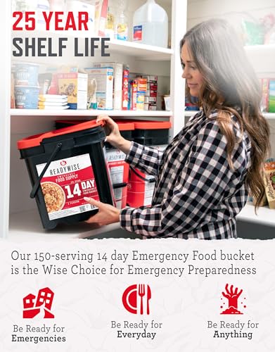 ReadyWise Emergency Food Supply - 14 Day, 150 Servings Emergency Freeze Dried Food Bucket, Protein Meals, Camping Essentials, Survival Kit, Disaster Prepping Supplies, up to 25 Year Shelf Life - size: 14 Day