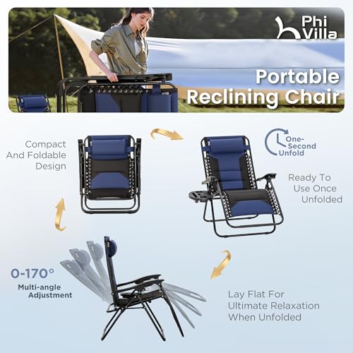 PHI VILLA Zero Gravity Chair Set of 2, Padded Anti Gravity Recliner, Oversized 28" Wide Seat, Foldable Patio Lounger with Armrest & Cup Holder, Supports 400 LBS (Blue Black) - color: Blue