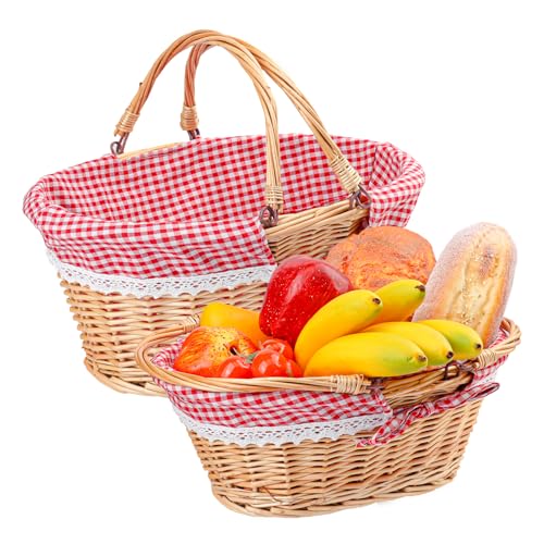 2 Pack 14.2 & 12.6 Inch Natural Wicker Basket with Linen Cotton Cloth Lining, Oval Wicker Woven Basket with Handle, Willow Woven Picnic Baskets for Picnic, Camping, Party - size: 2 Pack 14.2in&12.6in Natural(Round willow)