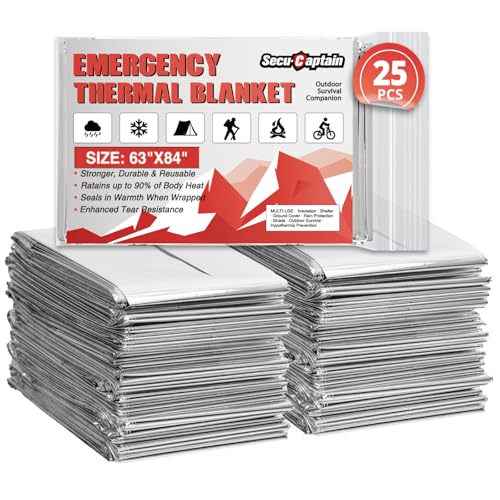 SecuCaptain Survival Emergency Thermal Blankets: 25 Pack Extra Large 84” x63” Space Mylar Blanket Kit for Outdoor Cold Winter Camping Hiking Car Bug Out Bag or First Aid - color: Sliver, size: 25 Pack