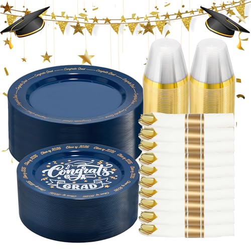 Goodluck 350 Piece Graduation Navy Blue Plastic Dinnerware Set for 50 Guests, Congrats Grad Disposable Plates Include: 50 Dinner Plates, 50 Dessert Plates, 50 Cups, 50 Rolled Napkins with Silverware - color: Navy Blue, style: 350 Piece (50 guests)