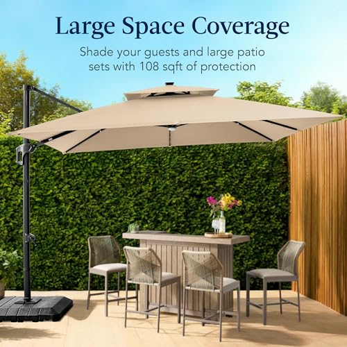 Best Choice Products 9x12ft LED Cantilever Patio Umbrella w/Base Included & 360° Rotation, Large Solar Offset Hanging Outdoor Sun Shade for Deck, Backyard Table w/Stand & Lights – Sand - color: Sand, size: 9x12ft