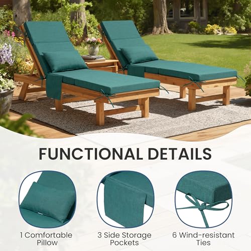 Crestlive Products Foldable Outdoor Chaise Lounge Cushions with Head Pillow and Side Pockets, Water Resistant & Fade Resistant Lounge Chair Cushion, 72''L x 21''W, Set of 2, Malachite - color: Malachite, size: 72"l X 21"w