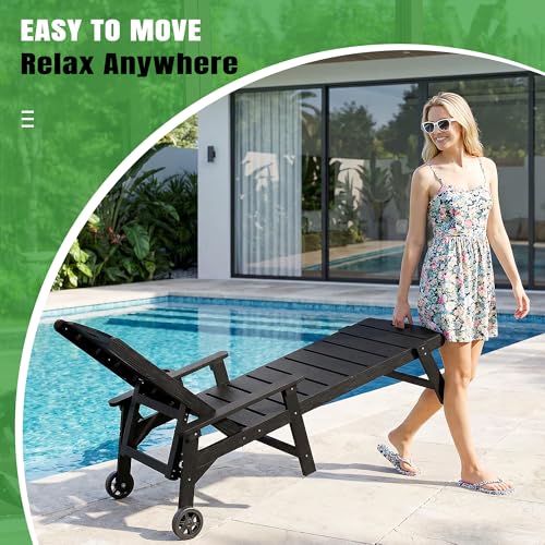 Outdoor Lounge Chair Set of 4 with 5-Position Adjustable, Outside Lounge Chair with Cup Holder, Wheels for Easy Mobility, HDPE Tanning Chair for Poolside, Patio, Black - color: Black, size: 4pc