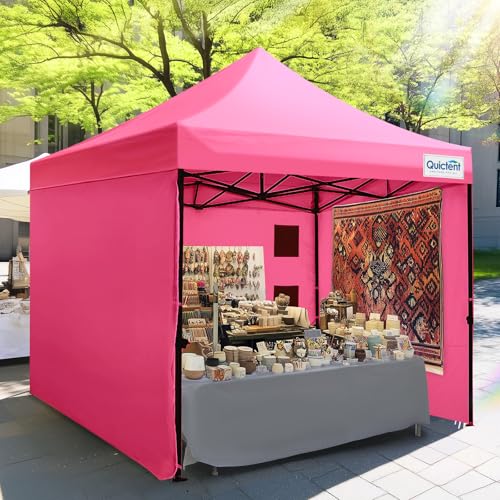 Quictent 10x10 Heavy Duty Pop up Canopy Tent with 3 Removable Sidewalls, Commercial Grade Instant Shelter with Wheeled Bag for Outdoor, Parties, Markets, 600D PU Coated UPF 50+ Sun Shield - color: Fuchsia, size: 10x10
