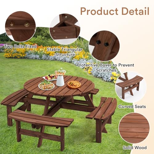 Zevemomo Wood Picnic Table for 8 People, Round Top with Umbrella Hole, 4 Built-in Curved Benches, 2220LBS Capacity for Patios & Backyards, Brown - color: Brown, style: 8-Person