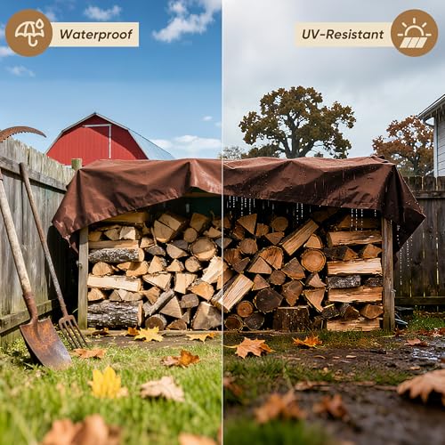Heavy Duty Waterproof Tarp, Brown/Silver Multipurpose Poly Cover with Grommets, 50x50 Feet, 10 Mil Thickness, All-Season Outdoor Protection