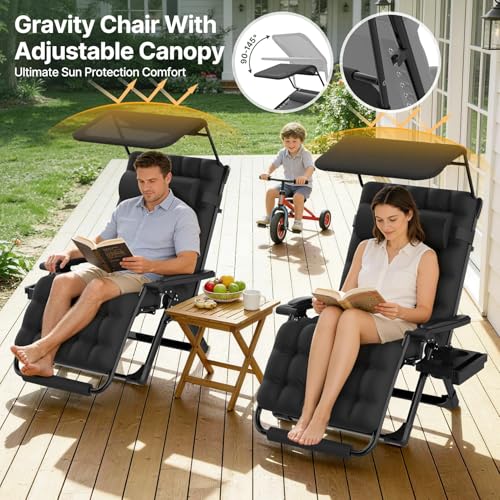Suteck Zero Gravity Chair with Canopy XL Reclining Camping Chair w/Washable Cushion, Outdoor Lounge Chairs Patio Recliner with Large Cup Holder, Footrest, Padded Headrest, Support 500LBS, Grey - color: Charcoal