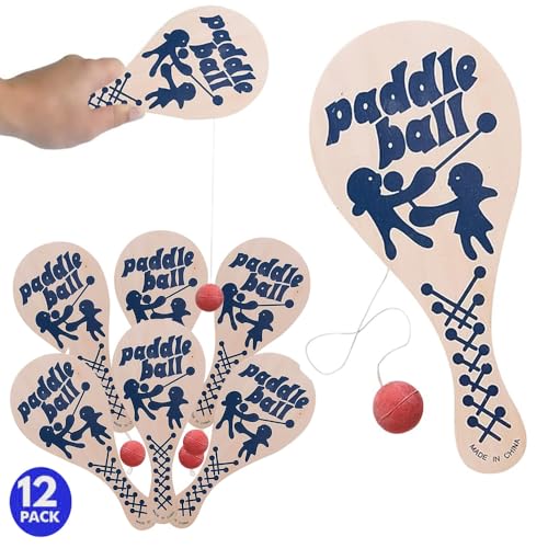 The Dreidel Company 12-Pack, 9.25 Inch Paddle Ball, Wooden Paddle Ball with String, Party Favor, Indoor and Outdoor Toy,
