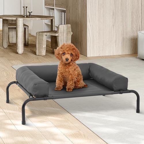 Magshion Cooling Elevated Dog Bed w/Removable Bolster, Portable Raised Outdoor Indoor Dog Cots Chew Proof Pet Hammock with Breathable Mesh for Small Dogs up to 50 lbs, Dark Gray