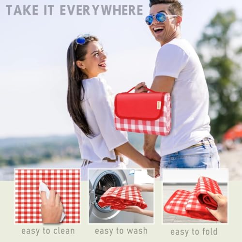 SAMSIER Outdoor Picnic Blankets Waterproof Foldable Sandproof, Extra Large Gingham Cute Picnic Mat Washable Portable for Park Beach Camping Courtyard (Red, 80"×80") - color: Red, size: 6'8" x 6'8" (Square)