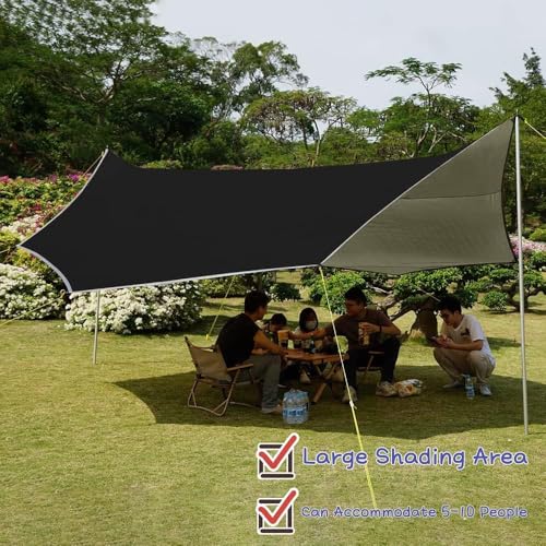 16x16 ft Large Camping Tarp Waterproof Hammock Rain Fly Camping Awning Sun Shelter (Without Pole) (Black) - color: Black