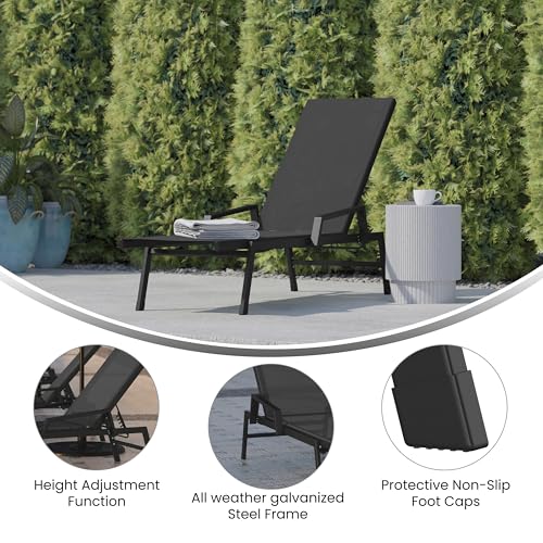 Flash Furniture Brazos Adjustable Chaise Lounge Chair with Arms, All-Weather Outdoor Five-Position Recliner, Black/Black - color: Black/Black, size: Set of 1