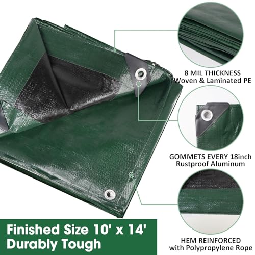 Heavy Duty Double-Sided Waterproof Poly Tarp 10x14 Feet 8mil Thick Polyethylene Tarps, Perfect for Outdoor Use, Plastic Cover & Mat for Tent Camping Storage Boat Bikes Vehicles - color: Jasper-8 Mil, size: 10' x 14' 1psc