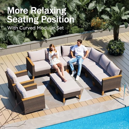 PHI VILLA 7-Piece Curved Patio Furniture Set, Half-Moon Wicker Sectional Furniture Sofa Set for 8 Seats with Cushioned 1 Curved Sectionals, 2 armless Seats, 2 one armrest Sofas and 2 Ottomans, Beige - color: Beige, size: 8 Seats - Curved
