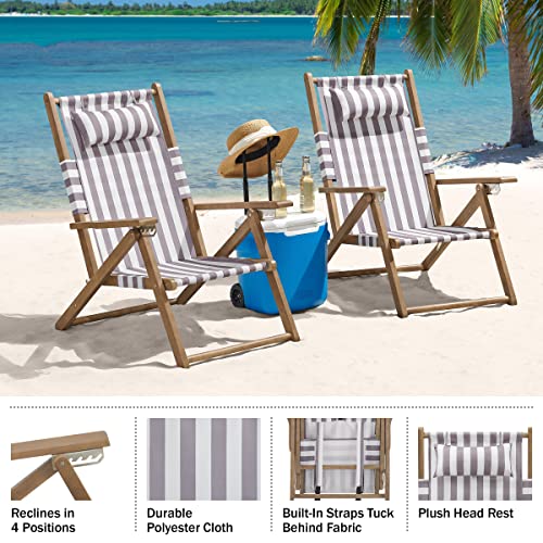 Lavish Home Set of 2 Beach Chair - Outdoor Weather-Resistant Wood Folding Chair with Backpack Straps - 4-Position Reclining Seat - Beach Essentials (Taupe Stripe) - color: Taupe Stripe, style: Set of 2