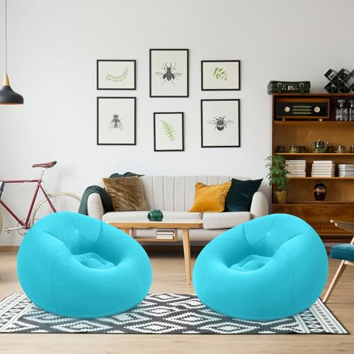 Realspring Inflatable Bean Bag Chairs Outdoor Blow up Camping Chairs Inflatable Lazy Sofa Folding Portable Bean Bag Loungers Couch for Movie Night(Lake Blue,2 Pcs) - color: Lake Blue