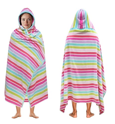 COTTON CRAFT Hooded Beach Towel – Oversized 39 x 68 Towel with Hood for Adults - 100% Cotton Velour Dobby Terry 450 GSM Pool Bath Wrap - Soft Absorbent Quick Dry – Pink Multi - color: Cabana Stripe - Pink Multi, size: 1 Pack - 39x68 Hooded