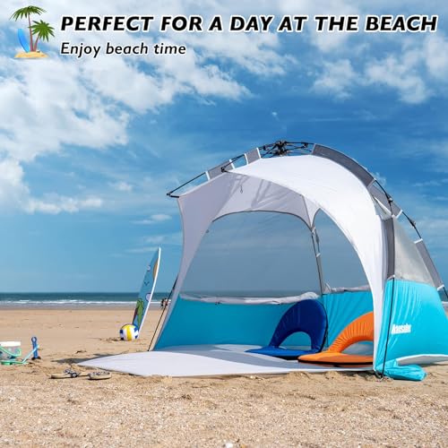 2-3 Person Large Instant Pop Up Beach Tent, UV Protection Portable Easy Setup Sun Shade Shelter, Extended Floor with 3 Ventilating Mesh Windows for Outdoor Camping Fishing (Light Blue)