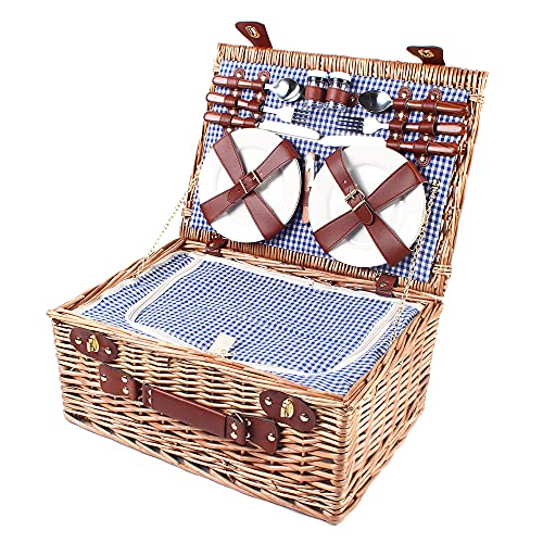 18x13x8in Picnic Basket Set,Hand-Woven Wicker Basket with Heat Cold Insulation,Complete Picnic Set with 2 Wine Glasses for Excursions, Camping, Hiking,Picnics, Outdoor Parties