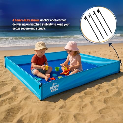 BeachBoba Sandproof Beach Blanket - Outdoor Playpen Sheet with Side Walls and Stakes to Keep Sand Out (Blue)