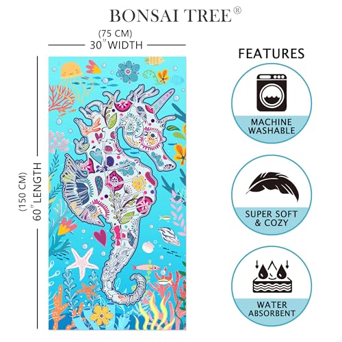 Bonsai Tree Seahorse Beach Towel, Blue Microfiber Bath Towel for Women, Sand Free Quick Dry Travel Towels Seahorse Gifts for Women Yoga Sports Adults 30" X 60" - color: Seahorse, size: 30"x60"