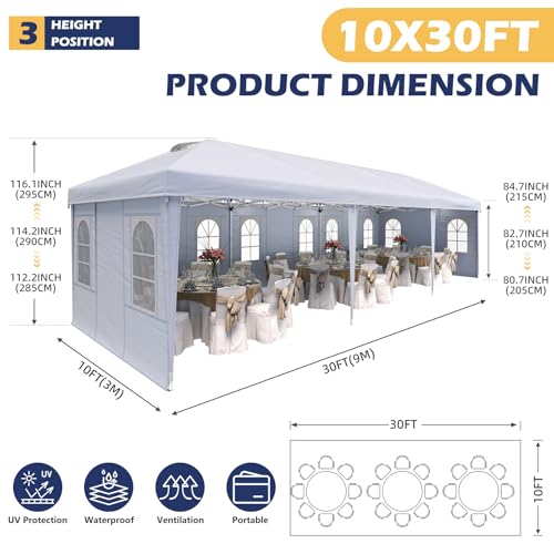 EROMMY 10x30 Heavy Duty Pop Up Canopy Tent with 8 Removable Sidewalls, Waterproof UV50+ Gazebo with Mosquito Netting, Easy Setup Instant Shelter for Backyard, Party, Wedding & Commercial Use, White - color: White, size: 10’x 30’