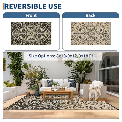 GarveeHome 8x10 Outdoor Rugs Vintage Medal Reversible Plastic Straw Rug UV Resistant Non Shedding Camping Carpet Fold Portable Outside Carpet Mat for RV Porch Backyard Balcony Pool Side, Black Brown - color: Vintage | Black Brown, size: 8' x 10' (Rectangu