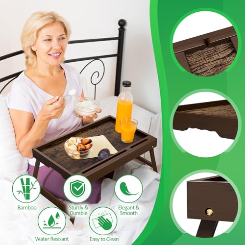 Bamboo Breakfast Tray with Foldable Legs & Detachable Stand | Ergonomic Handle | Portable Bed Tray for Eating, Working, Laptop, Tablet, and Phone（Vintage Walnut） - color: Normal, size: Large