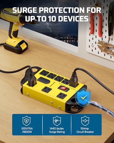 DEWENWILS Garage Power Strip Wall Mount, Wide Space 8-Outlet Industrial Power Strip with 2 USB, Metal Surge Protector 1440J, 14AWG 6FT Heavy Duty Extension Cord for Garage, Workshop, Yellow - size: 72 inches
