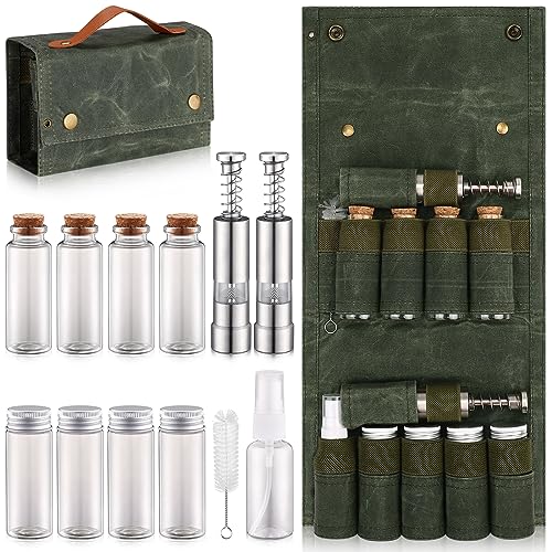TOBWOLF Portable Spice Bag for Travel, Camping Spice Kit with 8 Jars, 2 Salt/Pepper Grinders, 1 Oil Spray, Foldable Canvas Seasoning Storage Bag, Condiment Container Set for Outdoor Picnic BBQ - Green - color: Green