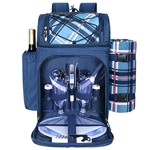 Hap Tim Picnic Basket Backpack for 2 Person with 2 Insulated Cooler Compartment, Wine Holder, Fleece Blanket, Cutlery Set, Gifts Ideals for Wedding, Housewarming, White Elephant, Bridal Showers - color: Blue, size: 2 Person