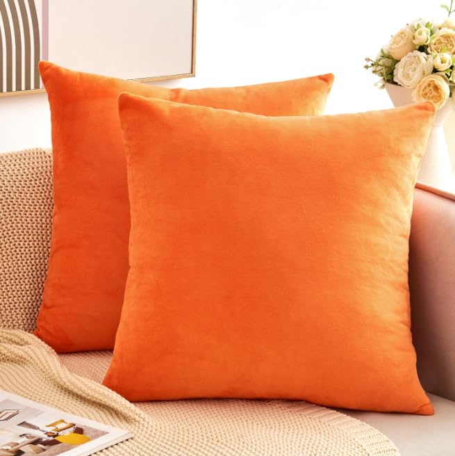 Velvet Throw Pillow Covers Orange Set of 2 20x20 Inch Pillow Covers, Soft Farmhouse Neutral Decorative Pillowcases for Couch Sofa Bed, Home Boho Decor, Modern Cushion Covers - color: Bright Orange, size: 20" x 20" (Pack of 2)