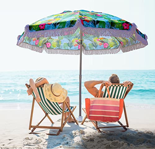 AMMSUN 6.5ft Heavy Duty HIGH Wind fringe Beach Umbrella with sand anchor Vent Tilt Portable Sun Shelter UPF 50+ Windproof Outdoor Sunshade Umbrellas Carry Bag for Patio Garden Pool Backyard Sports