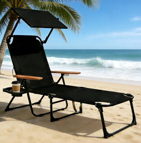 Folding Lounge Chair with Canopy, Tanning Chair with 4-Position Reclining Back, Folding Sun Lounger, Outdoor Lounge Chair for Beach, Poolside, Backyard, Camping, UPF 50+ Sun Shade, 300 LBS - color: Black With Sun Protection