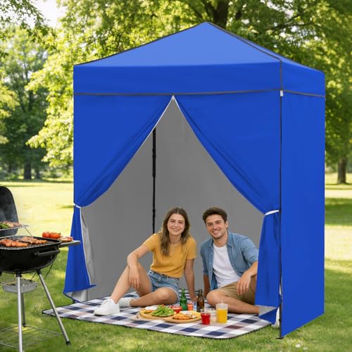 6x4 Pop Up Canopy Tent with Four Wall Panels, Instant Portable Beach Canopy, Outdoor Tent with Carry Bag for Camping, Sports, Tailgating, Events, Blue - color: Blue, size: With Four Walls